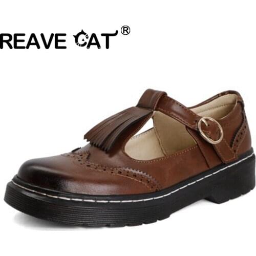 REAVE CAT New 2021 Ladies Pumps Round Toe 3.5cm Block Heels British Retro Buckle Tassels Stylish Carved Big Size 34-43 A3592