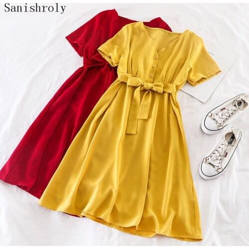 Sanishroly 2020 New Summer Women Short Sleeve Dress High Waist Tie Bow Sashes Dresses Female V-Neck Chiffon Dress Vestidos SE917