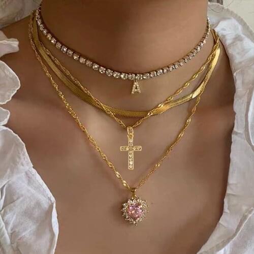 Golden Multilayered Necklace For Women Letters Crystal Heart Pendant Choker Butterfly Snake Chain Collar 2021 New Jewelry Gifts