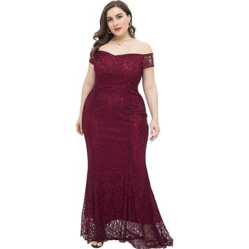 2021Summer Red wine Dress Plus Size Mermaid Ruffled Neck Maxi Wedding Guest Dress Woman Party Evening Sexy Lace Dress Robe Femme