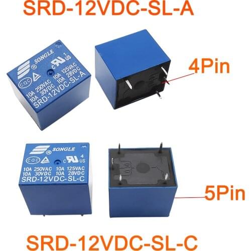 5Pcs/Lot DC 12V Coil 4Pin 5Pin Mini Power Relay 10A Songle SRD-12VDC-SL-C SRD-12VDC-SL-A 4/5PIN Relay PCB Mount Type for Arduino
