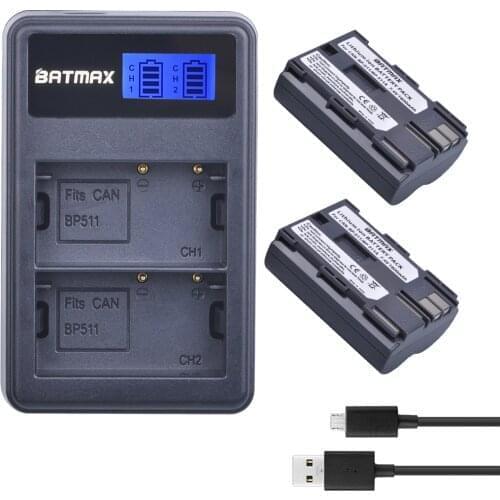Batmax 2x BP-511 BP-511A BP 511 battery+ LCD USB Dual Charger for Canon EOS 40D 30D 20D 5D G6 G5 G3 G2 G1 EOS 300D 50D