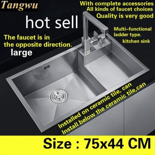 Free shipping Fashion big luxury kitchen manual sink single trough standard 304 food grade stainless steel hot sell 750x440 MM