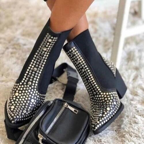 BRCCHENXI Brand Design 2020 High Quality Square Heels Classic Fashion Rivets Elastic Ankle Boots Shoes Women Chelsea Boots