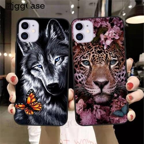 Cute Animal Tiger Wolf lion black Soft TPU Phone Case For iPhones 12 11 Pro SE 2020 6 6s 7 8 Plus XR XS Max Flower back Cover