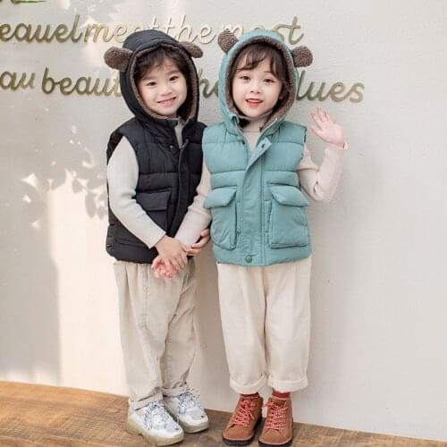 Childrens Vest Hooded Thickened Boy Outerwear Warm Waistcoat Girl Plus Velvet Belt Cute Small Ear Hat Sleeveless Jacket Winter