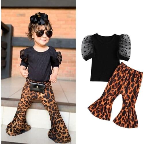 FOCUSNORM 1-6Y Summer Girls Clothes Sets Polka Dot Lace Puff Sleeve T Shirts Leopard Print Flare Pants 2pcs