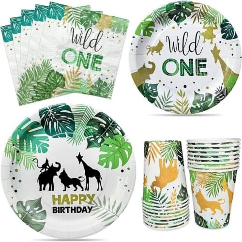 Wild Animal Forest Theme One Birthday First Anniversary Party Supplies Leaves Paper Cup Plate Napkin Tableware Decoration