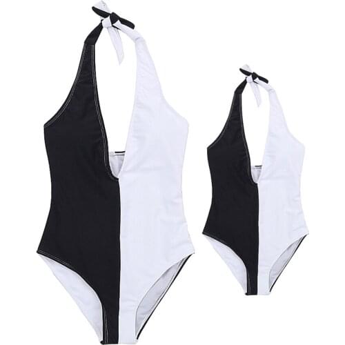 One Piece Mother and Daughter Family Matching Bodysuits Black White Patchwork Mum Girl Bathing Suit V-Neck Mum Kid Swimsuits