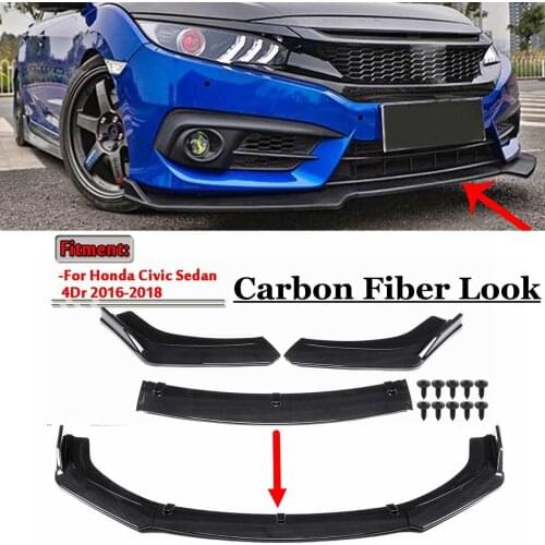 Carbon Fiber Look/Black 3pcs Car Front Lower Bumper Lip Diffuser Spoiler Body Kit For Honda For Civic Sedan 4Dr 2016 2017 2018