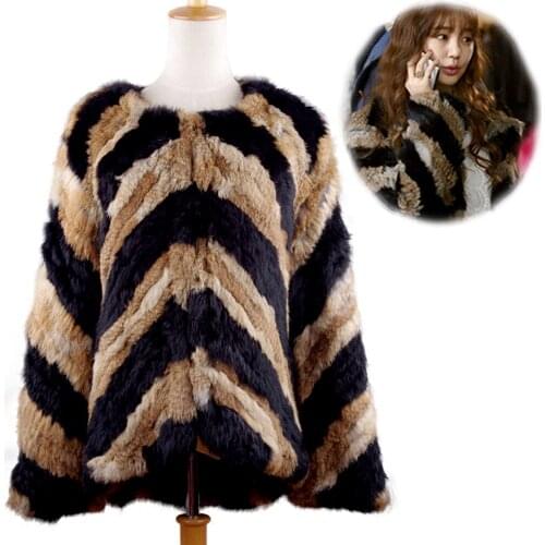 Real rabbit fur jackets knitted Fur Outwear Made by two-color stripe real fur coat fur coats Wholesale and Retail Happihop new