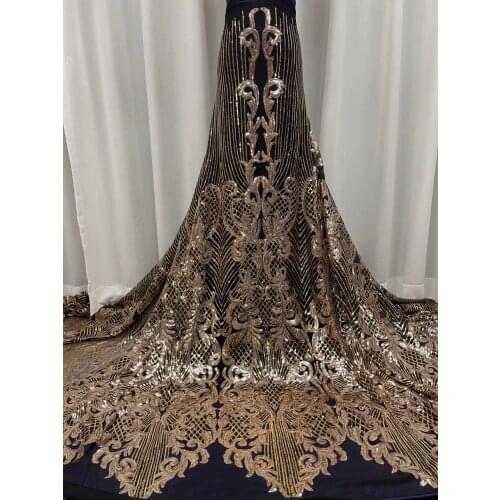 Summer 2021 Lady Nigeria Aso-Ebi Wedding Party Dress Material Black Net Background with Full Gold Sequins Tulle Lace Fabric T075