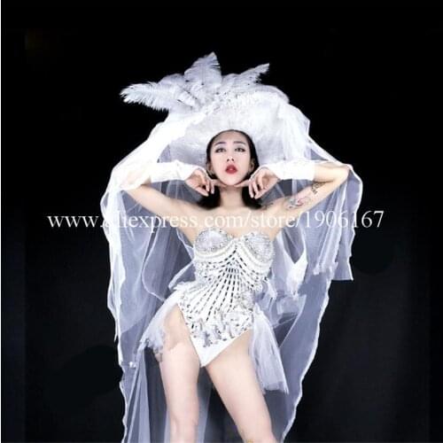 Fashion Sexy Lady Nightclub DS Christmas Costume With Hat Dance Team Female Singer Party White Evening Dress