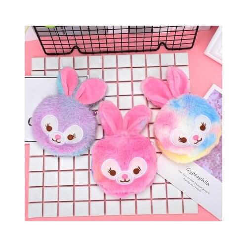 Soft plush rabbit cartoon ladies coin purse mini cute oval zipper girls coin purse USB cable earphone storage bag Christmas gift