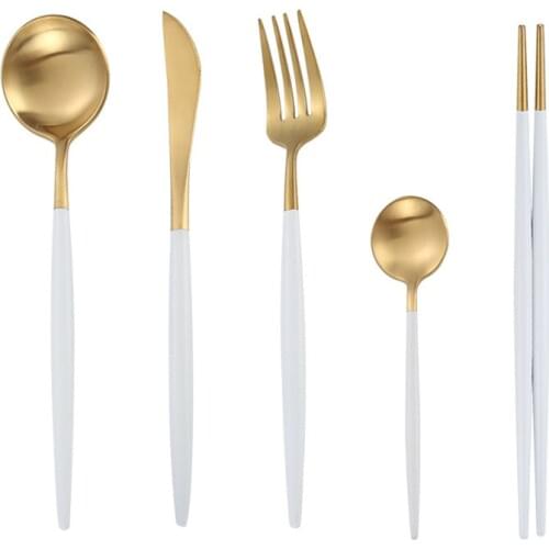 White Gold Cutlery Set Dinnerware Set Tableware Matte Black Silverware Dinner Fork Knife Teaspoon Korean Chopsticks DropShipping