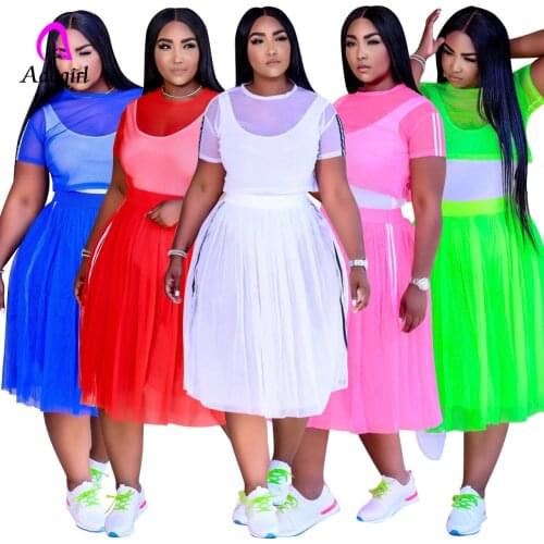 Neon Color Women Skirts Set Mesh See Through 3 Piece Set Solid Tank Top + Mesh Crop Top + Pleated Skirt Club Party Activewear