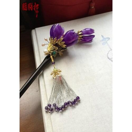 Sandalwood Purple Jade Lily Magnolia Hair Stick Vintage Chinese Handmade Hair Jewelry Hanfu Cos Hair Accessory