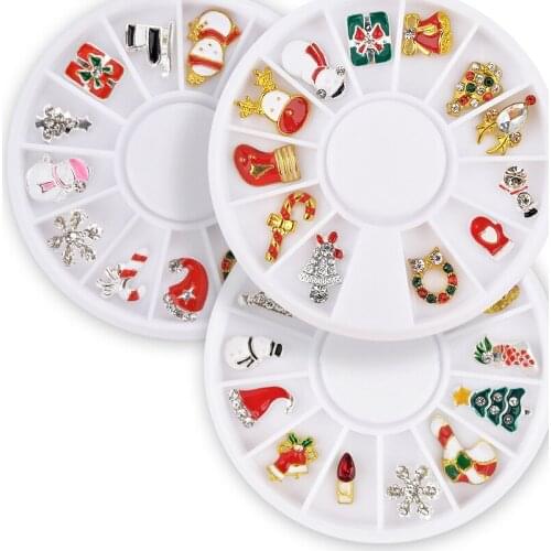 12 Pcs Christmas Nail Wheel Glitter Snowflake Santa Boots Hats 3D Metal Alloy Nail Studs gem holographic effect charm DIY Nail