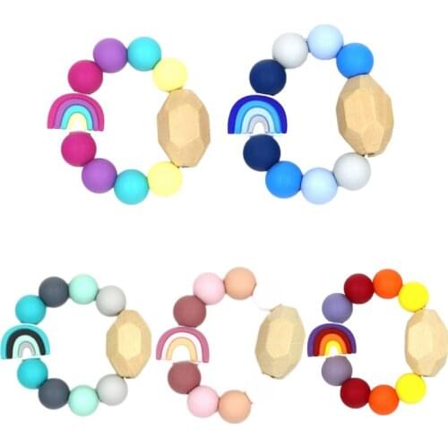 Silicone Baby Rainbow Teether Wooden Beads Baby Animal Teething Toy Bracelet Multicolor BPA Free Food Grade