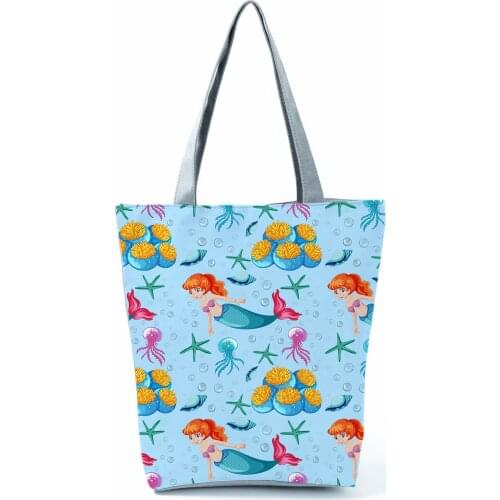 Jellyfish Starfish Mermaid Printed Shoulder Bag Blue Sea Handbags Pretty Fashion Beach Bag High Capacity Shopping Bag Eco Tote