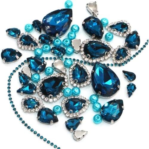 Wedding Decoration Teardrop Peacock blue Mix Size Glass Crystal Stones Pearl Beads Cup Chain Rim Rhinestones Sew On Clothing