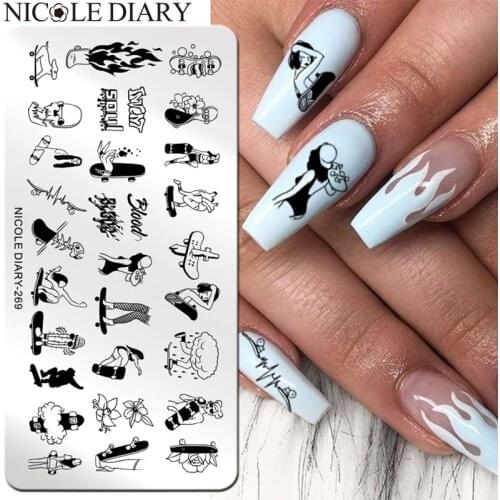 NICOLE DIARY Surfing Cool Girls Nail Art Stamping Plates Fire Design Stamp Stamping for Nails Geometry Flower Nail Templates