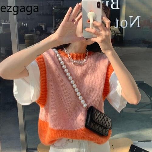 Ezgaga Women Vest Spring Outwear Fashion Loose Contrast Crop Tops Sleeveless Knitwear Contrast Waistcoat Streetwear Pullover