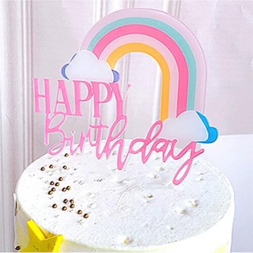 Rainbow Cloud Pink Happy Birthday Cake Topper Decoration Card Bachelor Hat Acrylic Graduation Party Birthday Cake Decoration