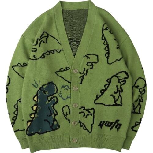 LACIBLE Harajuku Dinosaur Cartoon Pattern Knit Cardigan Sweater Streetwear Casual Knitted Sweater Cardigan Jacket Coat Knitwear