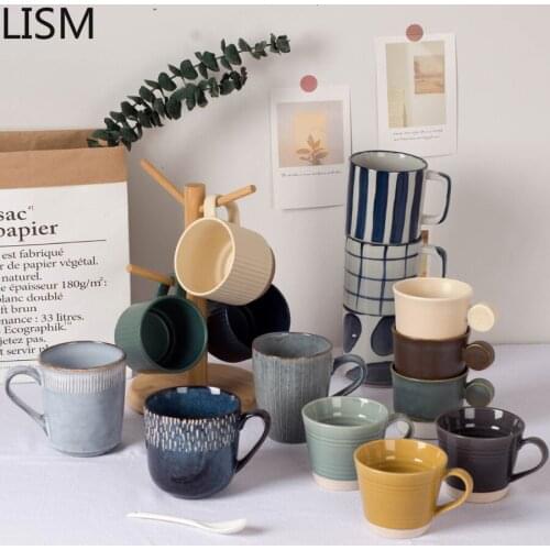 Japanese Minimalist Retro Ceramic Coffee Mug with Spoon Vintage Travel Milk Breakfast Tea Cup Japan Style Mugs Wholesale Tazas