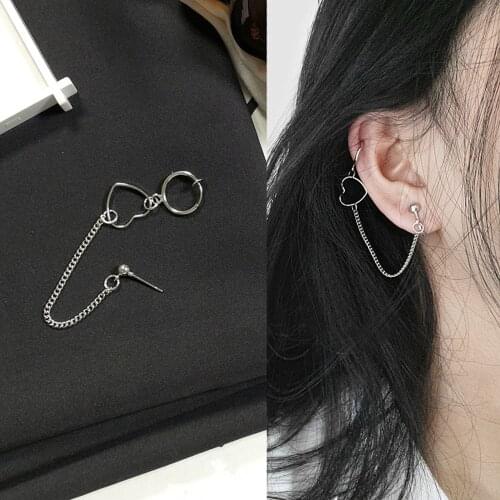 Women Punk Hip Hop Long Chain Drop Earrings Silver Circle Heart Statement Dangle Earrings Fashion Accessories Korean Jewelry New