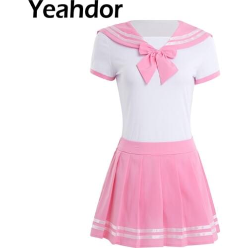 2Pcs Women Short Sleeve Crotch Romper with Mini Pleated Skirt Sets Cosplay Costumes School Girls Student Uniform