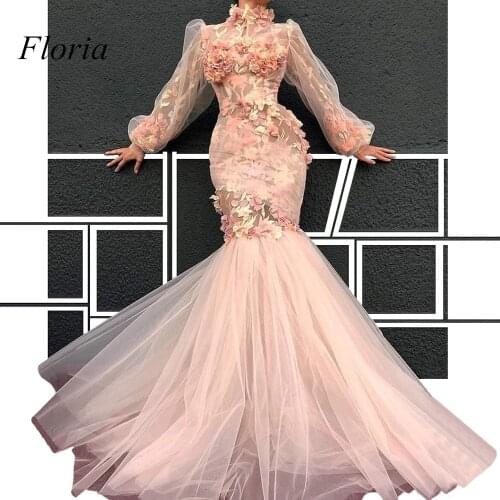 New Arrival Muslim Formal Evening Dresses High Neck Illusion Flowers Prom Party Dress Long Sleeves Robe De Soiree Abendkleider