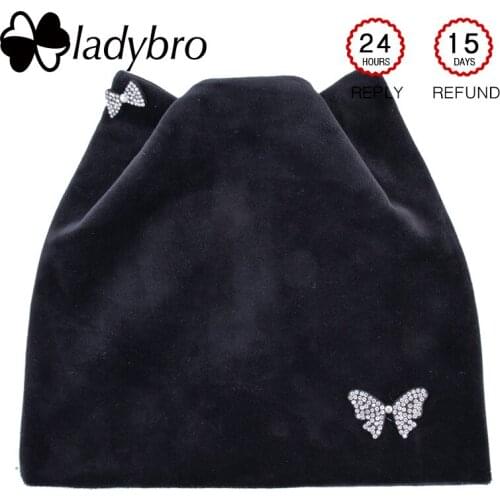 Ladybro Bow-Knot Shine Winter Hat Warm Cat Ear Beanies Hat Women Rhinestones Beanie Hats Femlae Velvet Skullies Beanies Femme