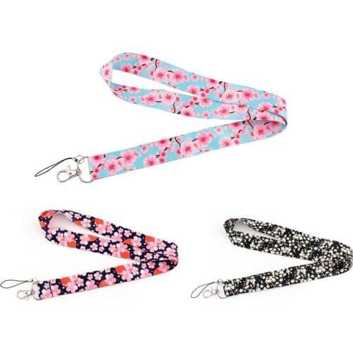 12pcs/lot E3348 Cartoon Cherry Blossoms Lanyard For Keys Phone Strap Neck Strap Keychain Lanyards ID Badge Holder For Flower Fan