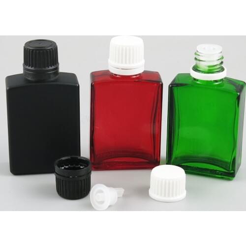 12 x 30ml 1oz Square Flat Black white clear red blue green Glass Bottle With White Black Tamper Evident Cap Drop Seal