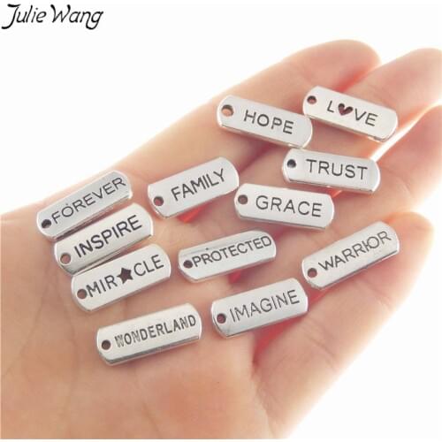 Julie Wang 17pcs Tag Pendant Inspiration Word Zinc Alloy Charm Handmade Bracelet Statement Jewelry Finding Antique Silver Color