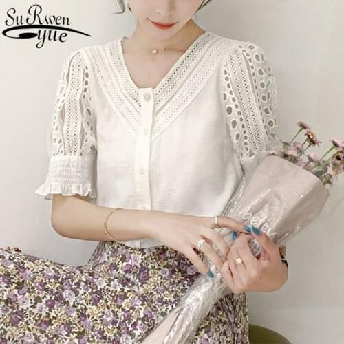 2021 Summer New V-neck Cardiac Hollow Out Chiffon Blouse Female Sweet Solid Color Puff Sleeve Fashion Women Blouses 9556