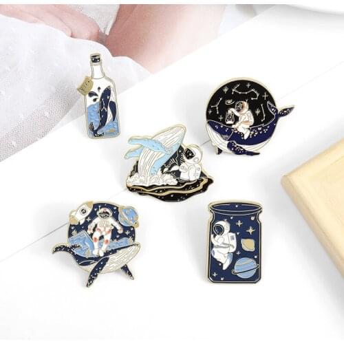 Astronaut and Whale Drifting Wishing Bottle Adventure Ocean Enamel Pin Brooches Bags Lapel Pin Badges Jewelry Gift For Friends