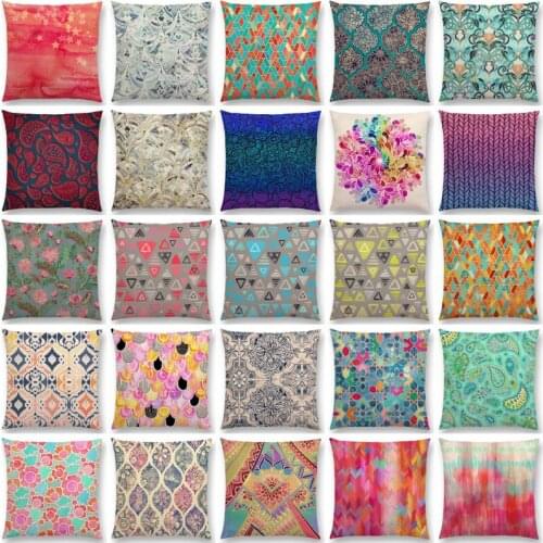 Linen Exotic Art Colorful Flowers Gorgeous Floral Doodle Geometry Watercolor Paisley Pattern Sofa Pillow Case Cushion Cover