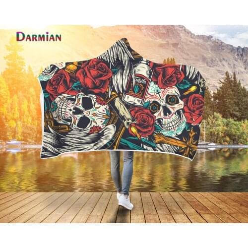 DARMIAN 2021 Sugar Skull Printed Plush Home Textile Hooded Blanket Kids Adult Autumn/Winter Wearable Throw Blanket for Sofa Soft
