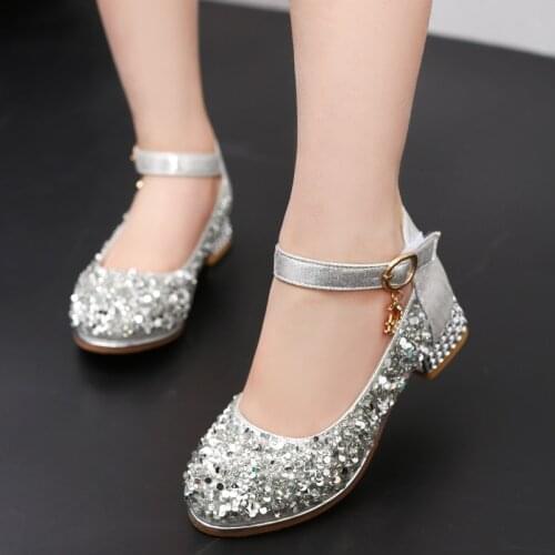 Childrens high-heeled princess shoes crystal performance shoes big children little girl dance host silver performance shoes