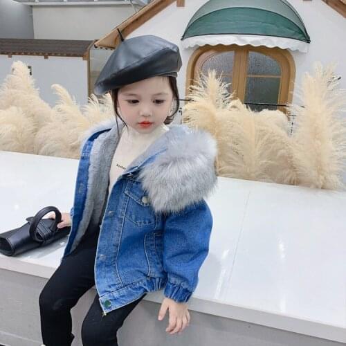 Kids Winter Jackets Coats 2021 Children Baby Girls Denim Parkas Plus Velvet Mink Fur Hooded Coat Warm Snow Coats Kids Tops 2-8Y