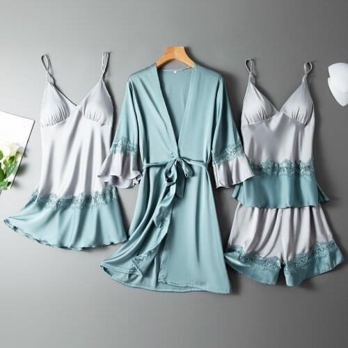 Women Satin PJS Set Sexy Pajamas 4PCS Sleepwear Hollow Out Lace Kimono Bathrobe Gown Patchwork Nightgown Intimate Lingerie