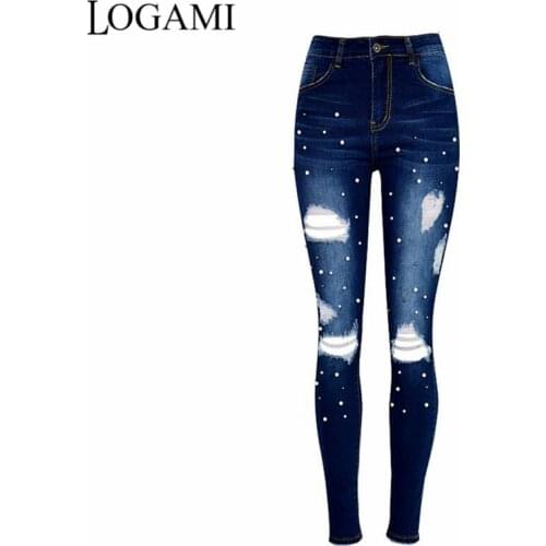 LOGAMI High Waist Jean Women Denim Pants Spring Autumn Hole Jeans Female Casual Pocket Skinny Pencil Jean Pants