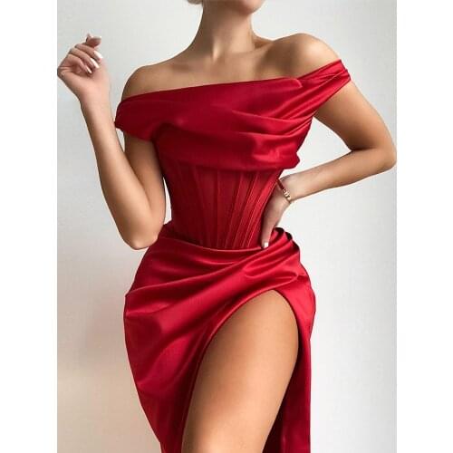 Townlike Stretch Satin Elegant Dress Women High Split One Shoulder Sexy Party Dress 2021 Summer Dresses With Fishbone Vestidos