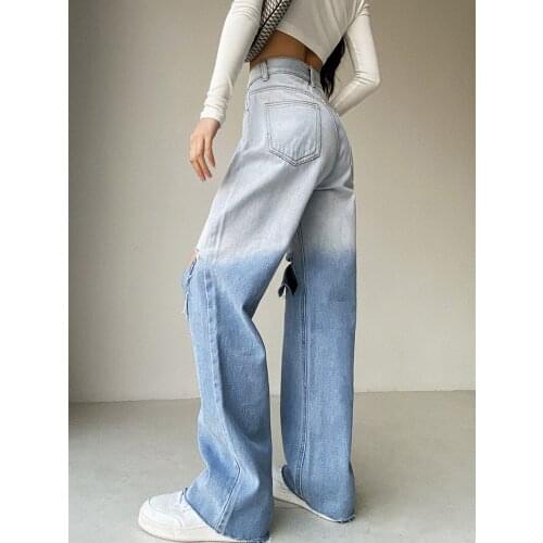 Summer Ripped Holes Tie Dye Printed Jeans High Waist Straight Gradient Loose Denim Pants Blue Y2K Wide Leg Jean Trousers P013