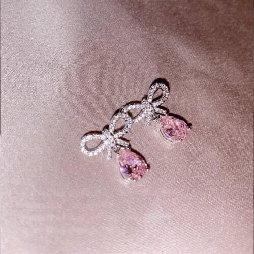 Cute Small S925 Sterling Silver Earrings Yellow Pink Wahterdrop Bowknot Drop Earrings Temperament Ear Accessories for Female