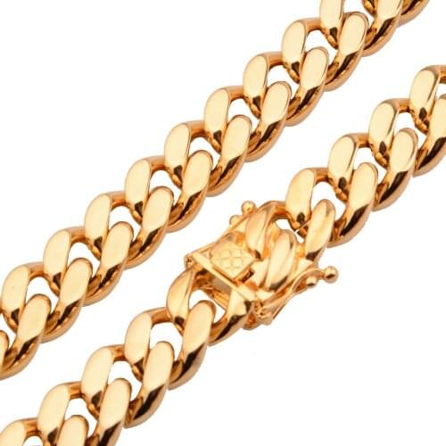 Fashion Buckle 316L Stainless Steel Gold Tone Miami Cuban Curb Link Chain Mens Necklace Or Bracelet Bangle Biker Jewelry 7"-40"