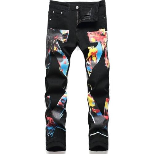 Mens New Casual Slim Elastic Black Print Jeans Fashion Trend Go With The Fashion Of Micro-Elastic Youth Mid-Waist Trousers